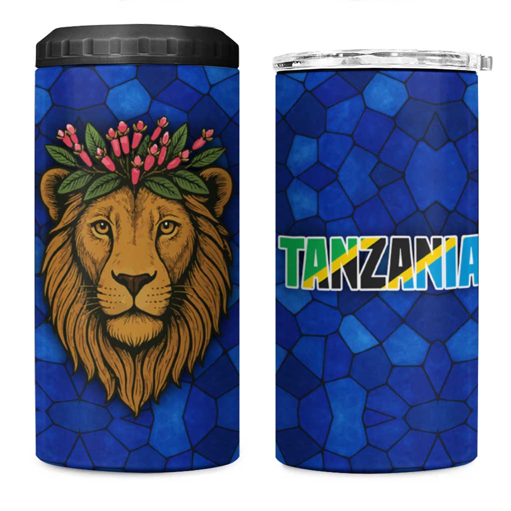 Tanzania Simba Lion 4 in 1 Can Cooler Tumbler with Floral Crown and Blue Mosaic Design
