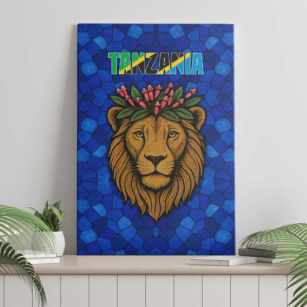 Tanzania Simba Lion Canvas Wall Art with Floral Crown and Blue Mosaic Design