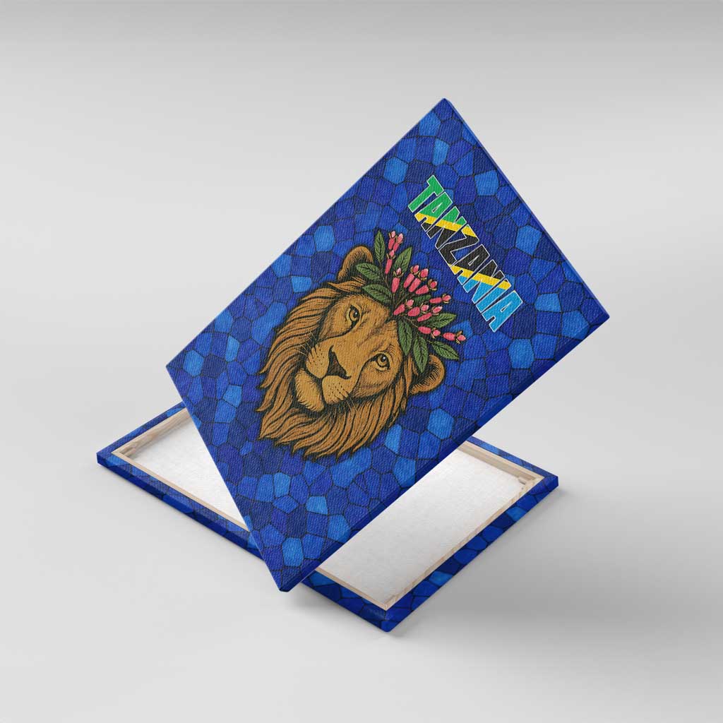 Tanzania Simba Lion Canvas Wall Art with Floral Crown and Blue Mosaic Design