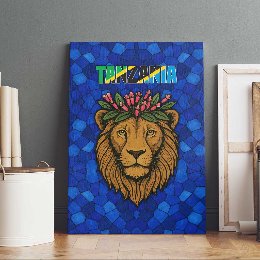 Tanzania Simba Lion Canvas Wall Art with Floral Crown and Blue Mosaic Design