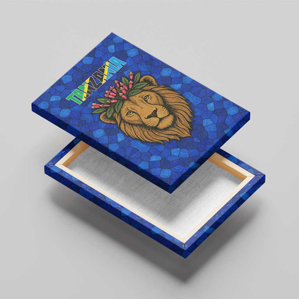 Tanzania Simba Lion Canvas Wall Art with Floral Crown and Blue Mosaic Design