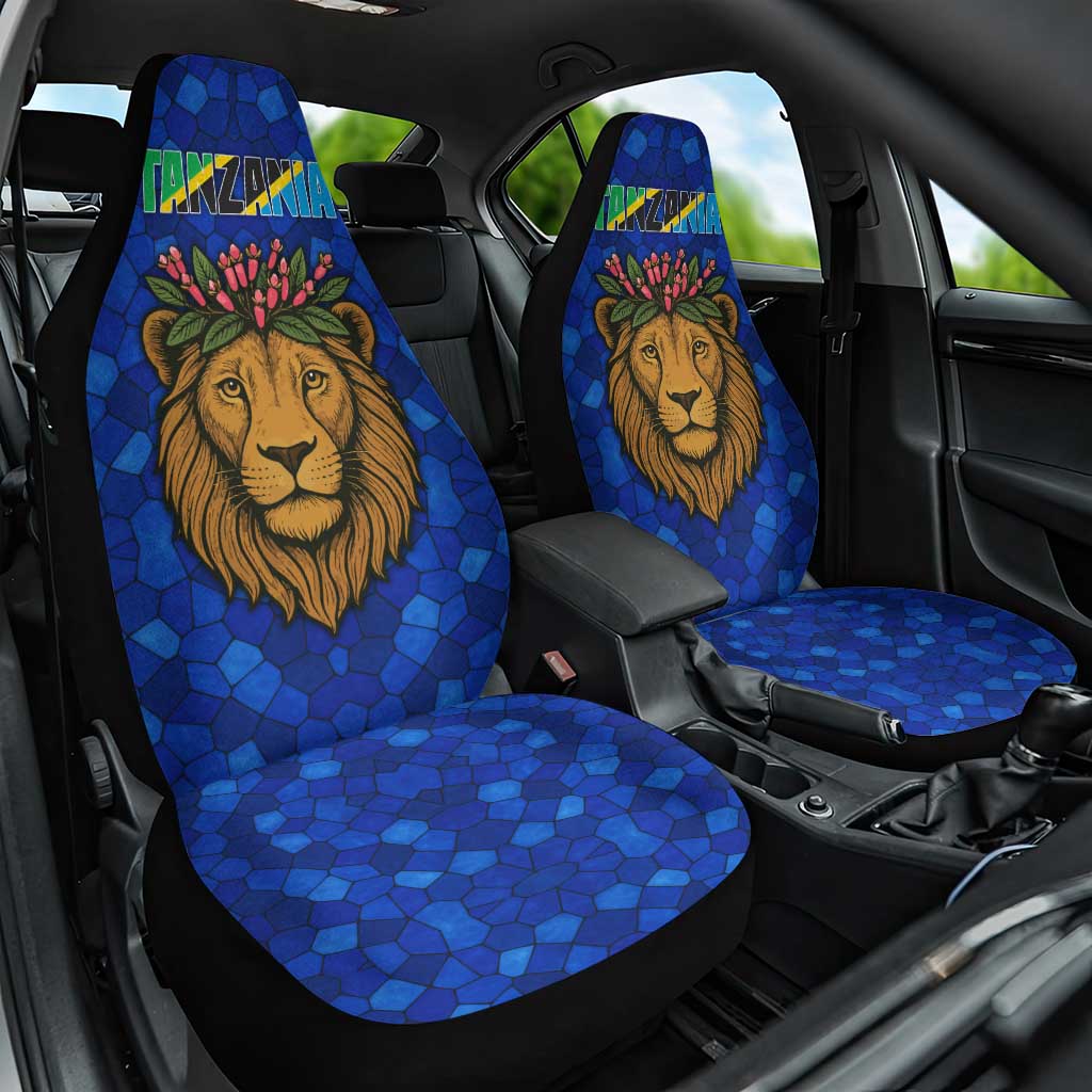Tanzania Simba Lion Car Seat Cover with Floral Crown and Blue Mosaic Design