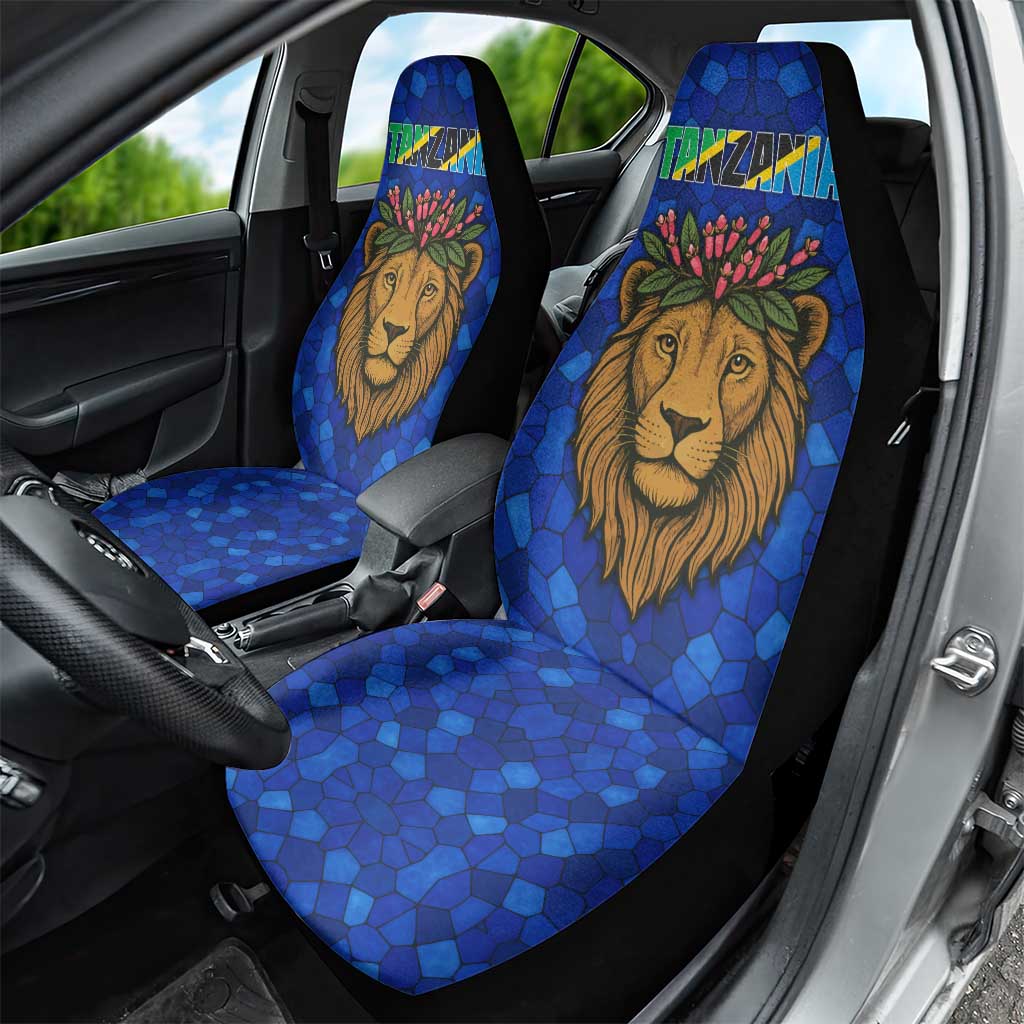 Tanzania Simba Lion Car Seat Cover with Floral Crown and Blue Mosaic Design