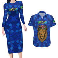 Tanzania Simba Lion Couples Matching Long Sleeve Bodycon Dress and Hawaiian Shirt with Floral Crown and Blue Mosaic Design