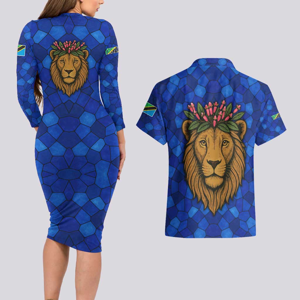 Tanzania Simba Lion Couples Matching Long Sleeve Bodycon Dress and Hawaiian Shirt with Floral Crown and Blue Mosaic Design