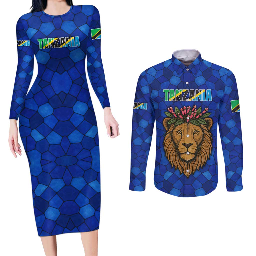 Tanzania Simba Lion Couples Matching Long Sleeve Bodycon Dress and Long Sleeve Button Shirt with Floral Crown and Blue Mosaic Design