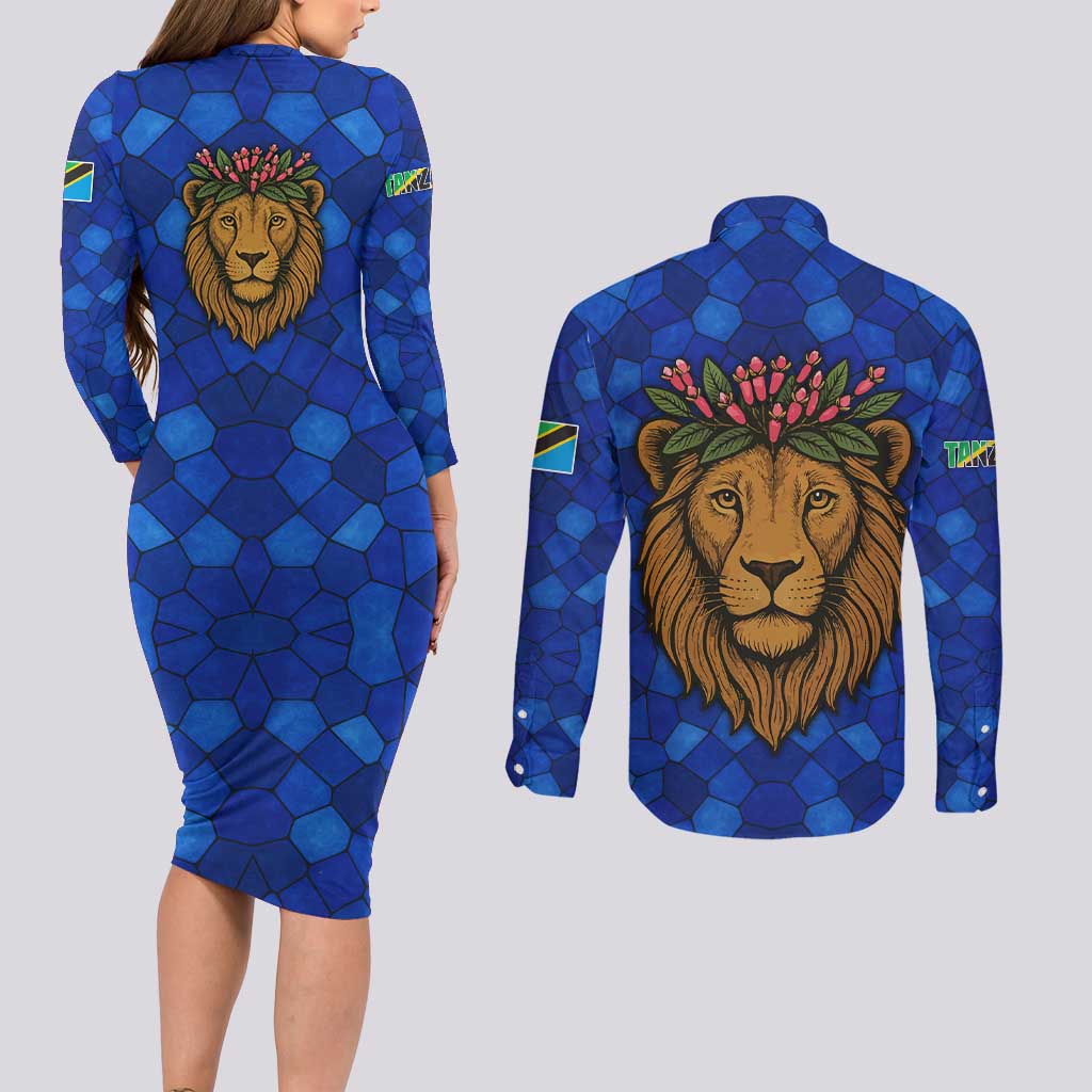 Tanzania Simba Lion Couples Matching Long Sleeve Bodycon Dress and Long Sleeve Button Shirt with Floral Crown and Blue Mosaic Design