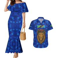 Tanzania Simba Lion Couples Matching Mermaid Dress and Hawaiian Shirt with Floral Crown and Blue Mosaic Design
