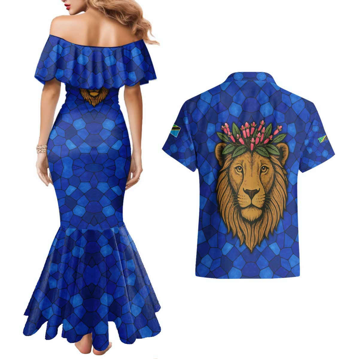 Tanzania Simba Lion Couples Matching Mermaid Dress and Hawaiian Shirt with Floral Crown and Blue Mosaic Design