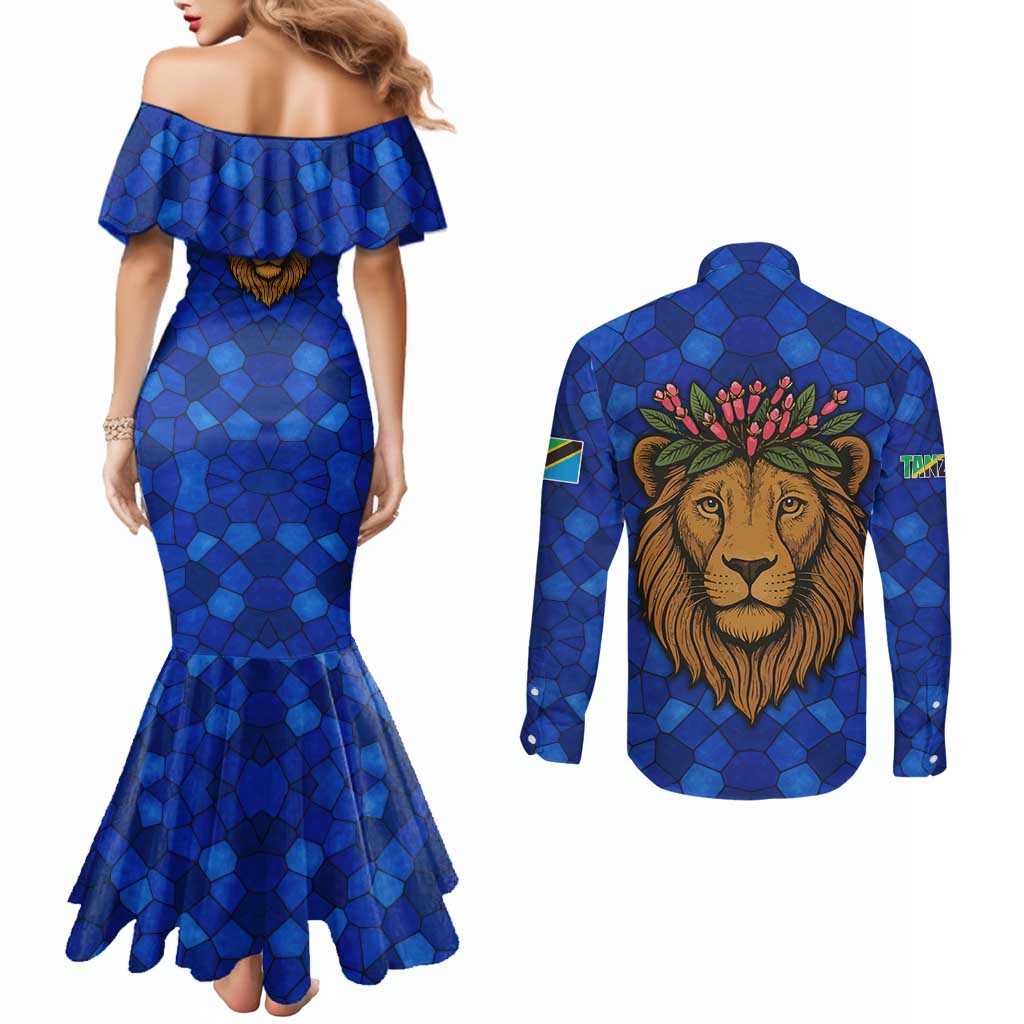 Tanzania Simba Lion Couples Matching Mermaid Dress and Long Sleeve Button Shirt with Floral Crown and Blue Mosaic Design