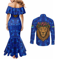 Tanzania Simba Lion Couples Matching Mermaid Dress and Long Sleeve Button Shirt with Floral Crown and Blue Mosaic Design