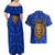 Tanzania Simba Lion Couples Matching Off Shoulder Maxi Dress and Hawaiian Shirt with Floral Crown and Blue Mosaic Design