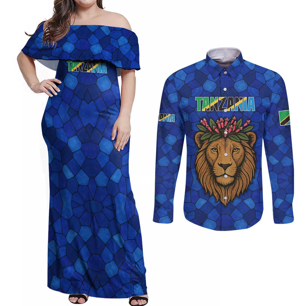 Tanzania Simba Lion Couples Matching Off Shoulder Maxi Dress and Long Sleeve Button Shirt with Floral Crown and Blue Mosaic Design