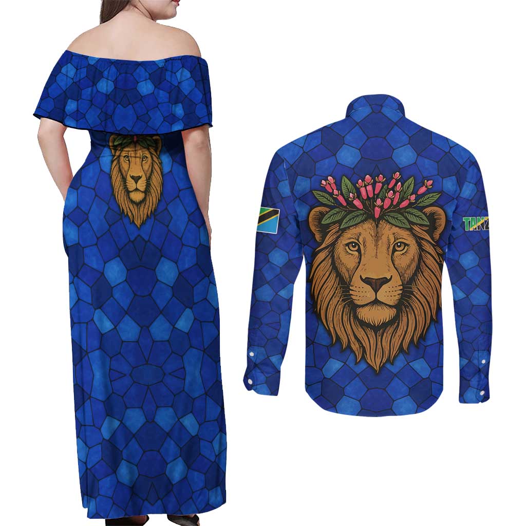Tanzania Simba Lion Couples Matching Off Shoulder Maxi Dress and Long Sleeve Button Shirt with Floral Crown and Blue Mosaic Design