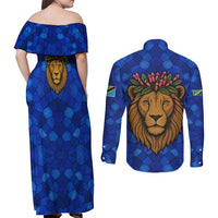 Tanzania Simba Lion Couples Matching Off Shoulder Maxi Dress and Long Sleeve Button Shirt with Floral Crown and Blue Mosaic Design