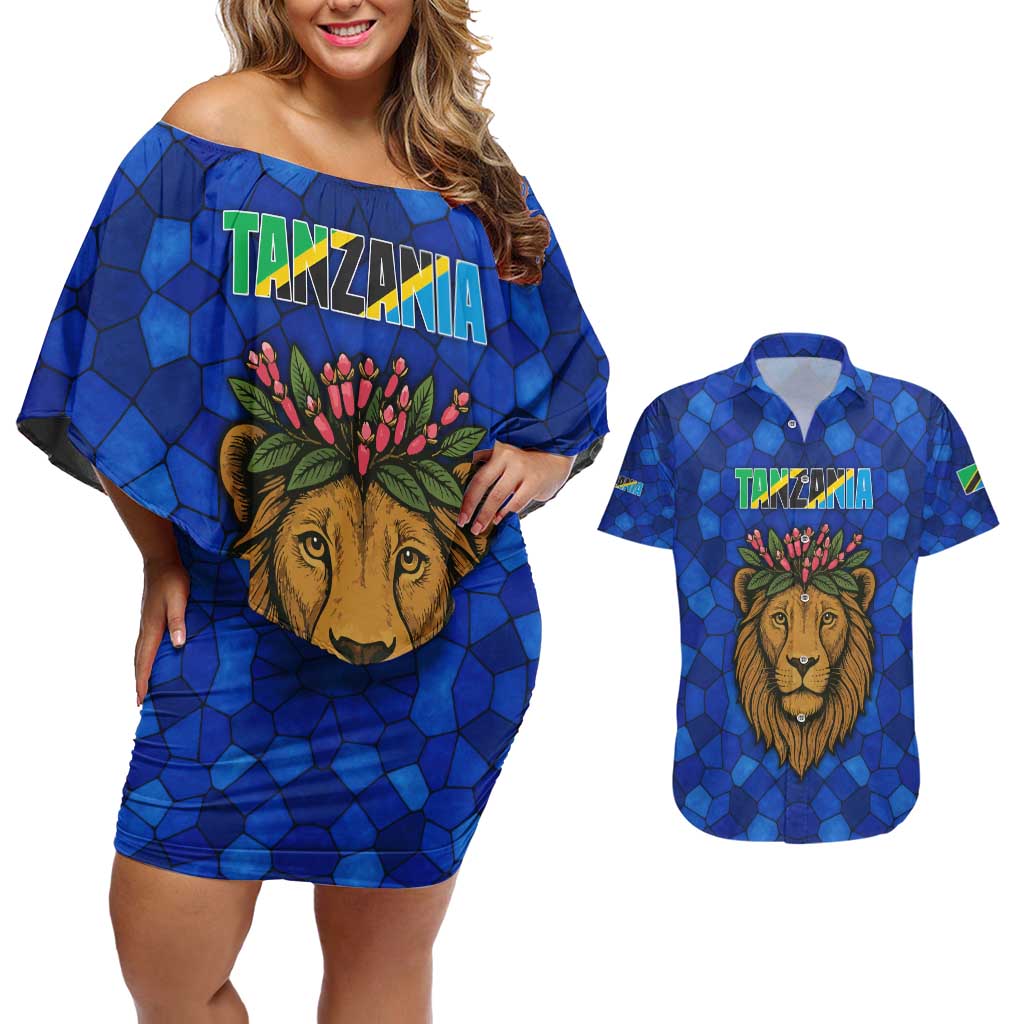 Tanzania Simba Lion Couples Matching Off Shoulder Short Dress and Hawaiian Shirt with Floral Crown and Blue Mosaic Design