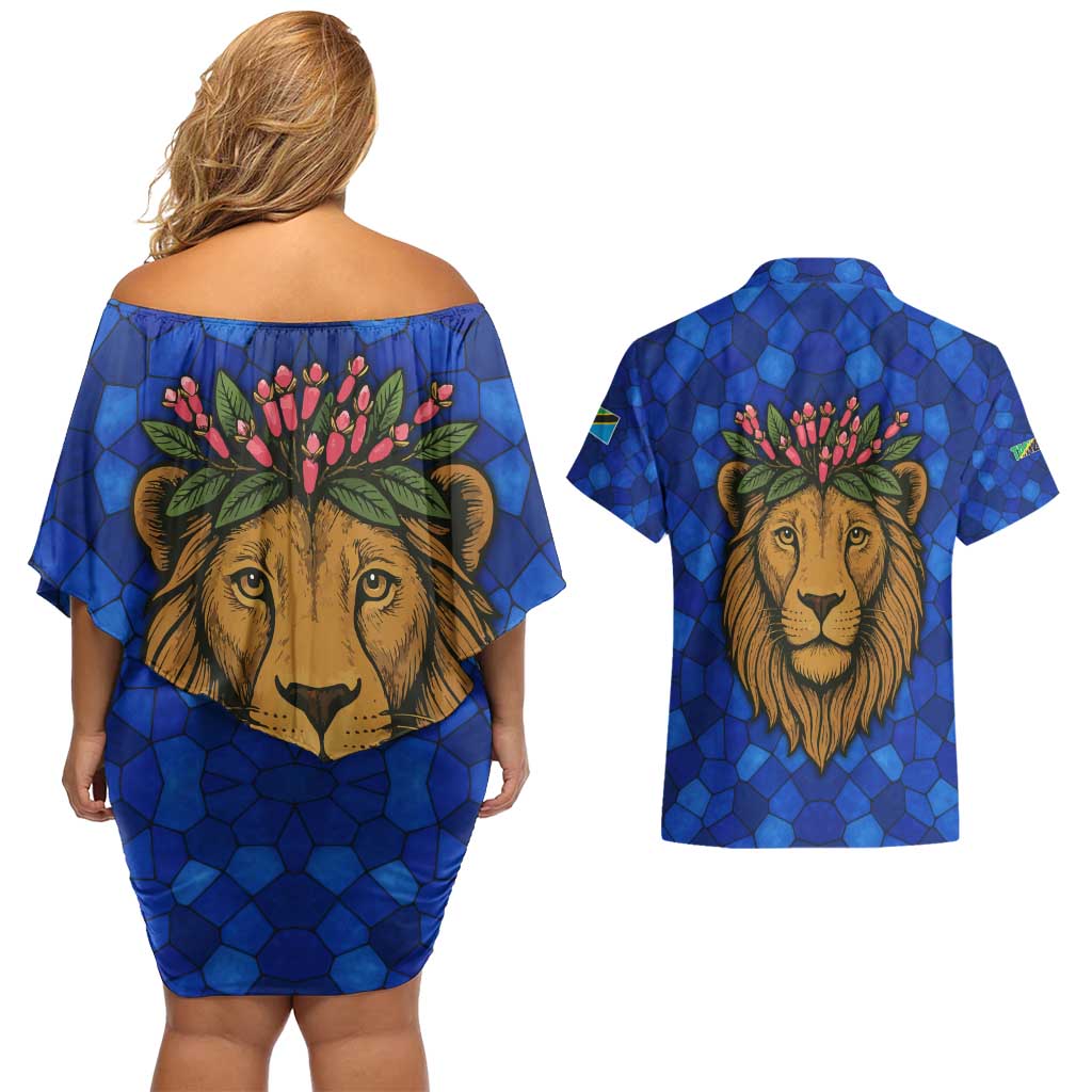 Tanzania Simba Lion Couples Matching Off Shoulder Short Dress and Hawaiian Shirt with Floral Crown and Blue Mosaic Design