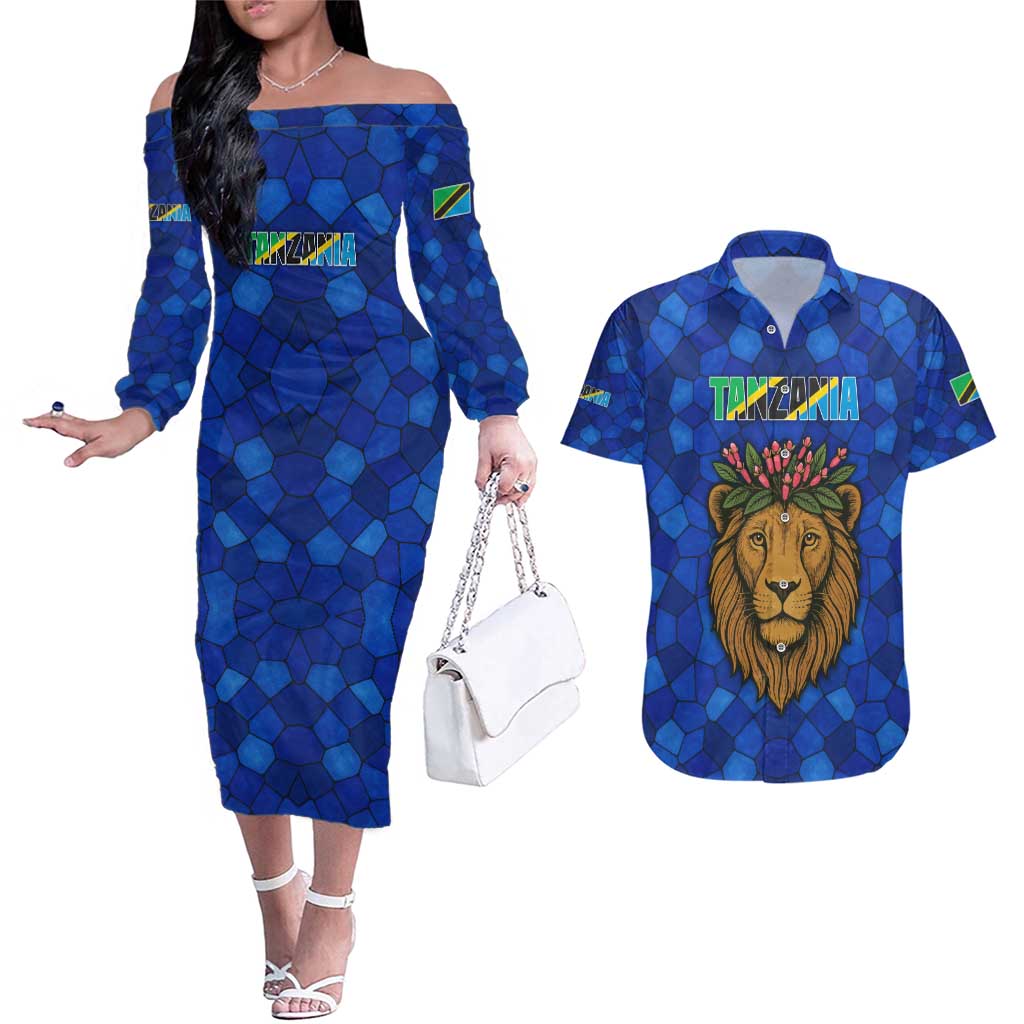 Tanzania Simba Lion Couples Matching Off The Shoulder Long Sleeve Dress and Hawaiian Shirt with Floral Crown and Blue Mosaic Design