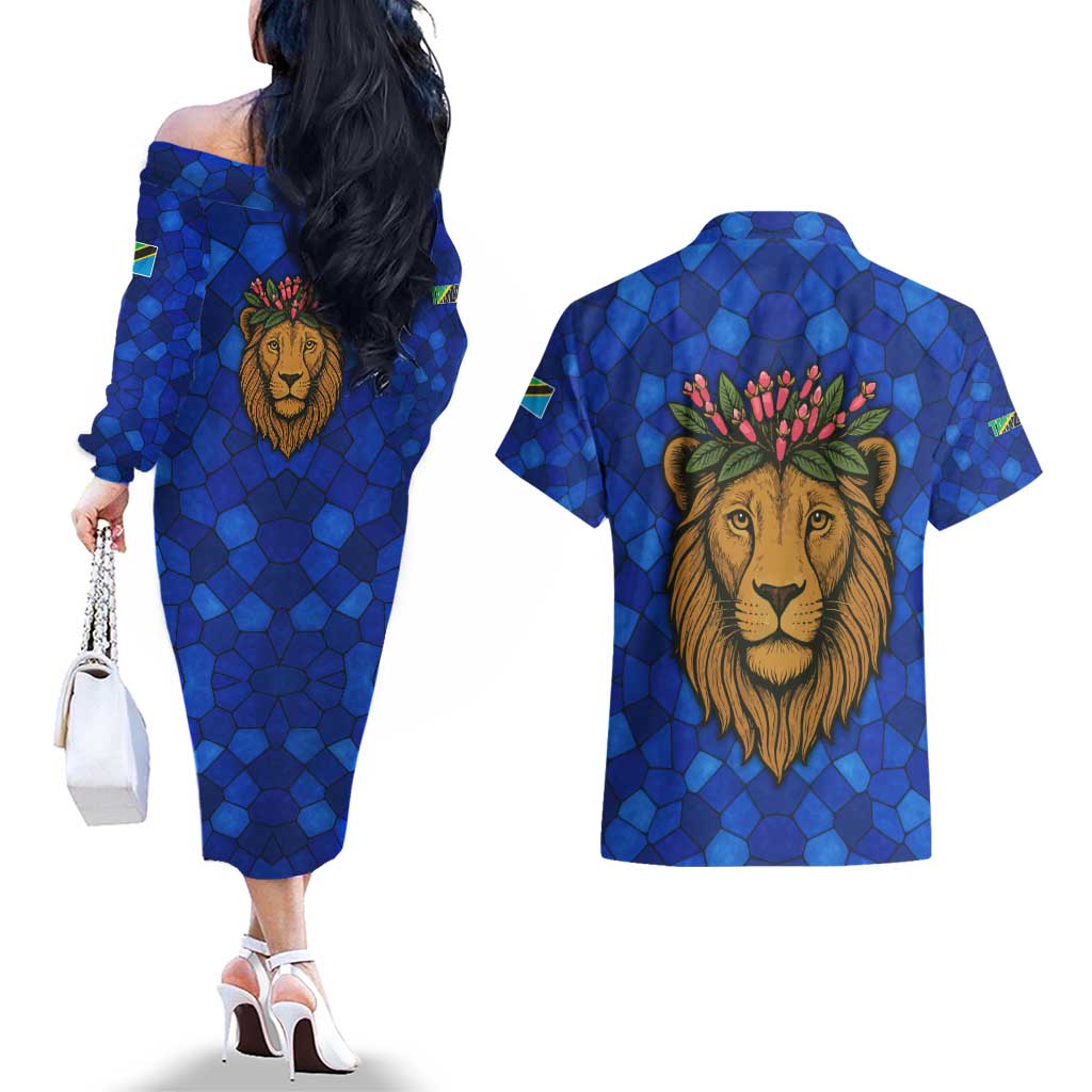 Tanzania Simba Lion Couples Matching Off The Shoulder Long Sleeve Dress and Hawaiian Shirt with Floral Crown and Blue Mosaic Design