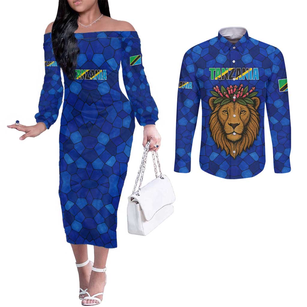 Tanzania Simba Lion Couples Matching Off The Shoulder Long Sleeve Dress and Long Sleeve Button Shirt with Floral Crown and Blue Mosaic Design