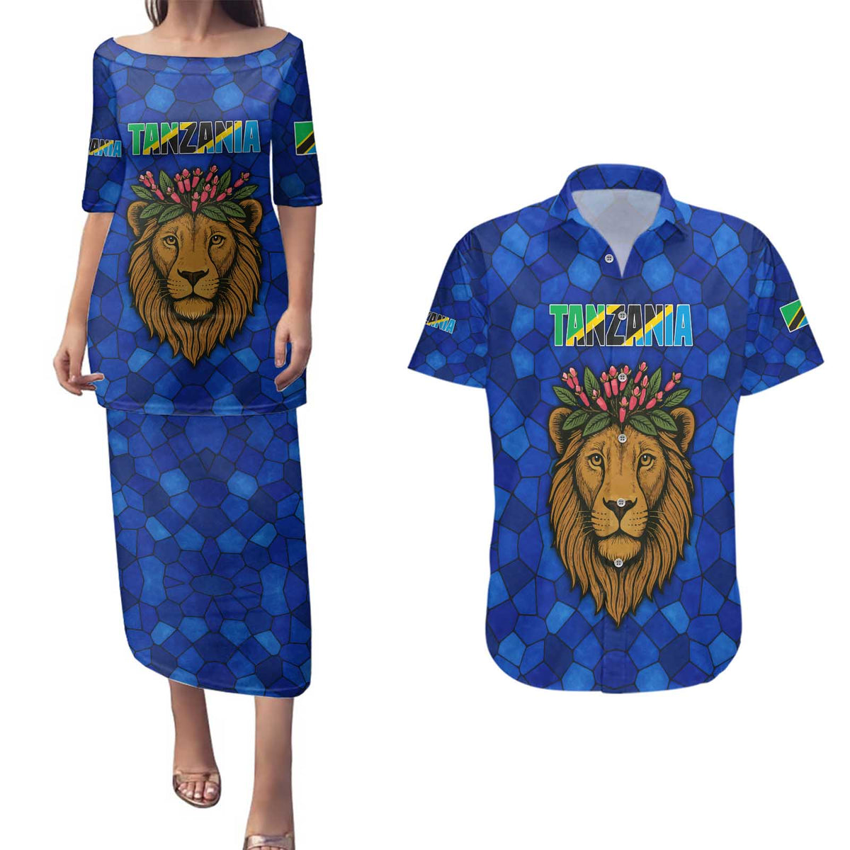 Tanzania Simba Lion Couples Matching Puletasi and Hawaiian Shirt with Floral Crown and Blue Mosaic Design