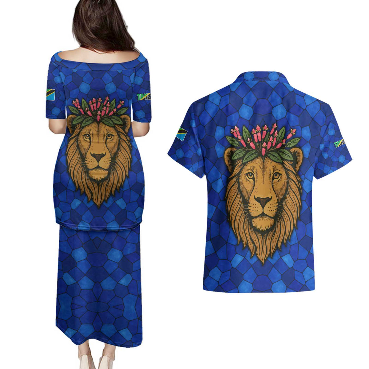 Tanzania Simba Lion Couples Matching Puletasi and Hawaiian Shirt with Floral Crown and Blue Mosaic Design