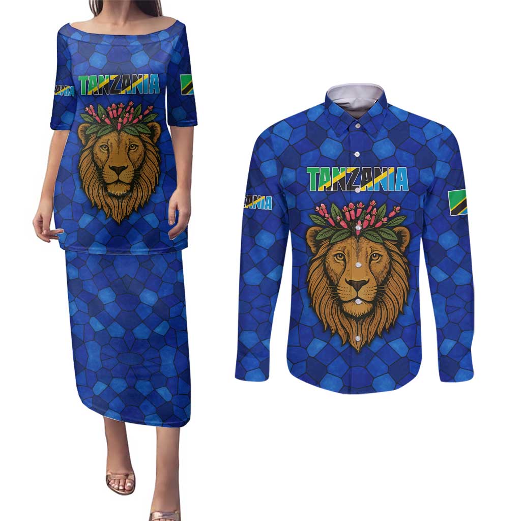 Tanzania Simba Lion Couples Matching Puletasi and Long Sleeve Button Shirt with Floral Crown and Blue Mosaic Design