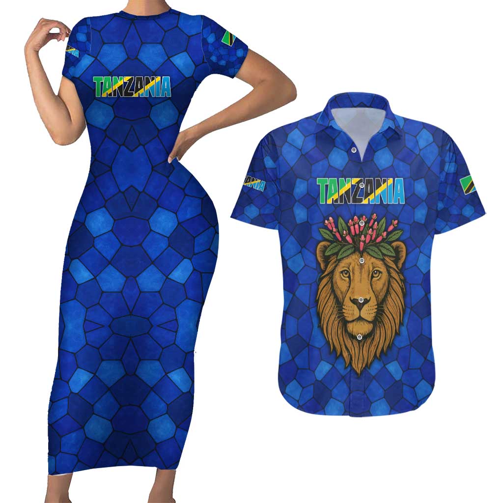 Tanzania Simba Lion Couples Matching Short Sleeve Bodycon Dress and Hawaiian Shirt with Floral Crown and Blue Mosaic Design
