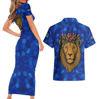 Tanzania Simba Lion Couples Matching Short Sleeve Bodycon Dress and Hawaiian Shirt with Floral Crown and Blue Mosaic Design