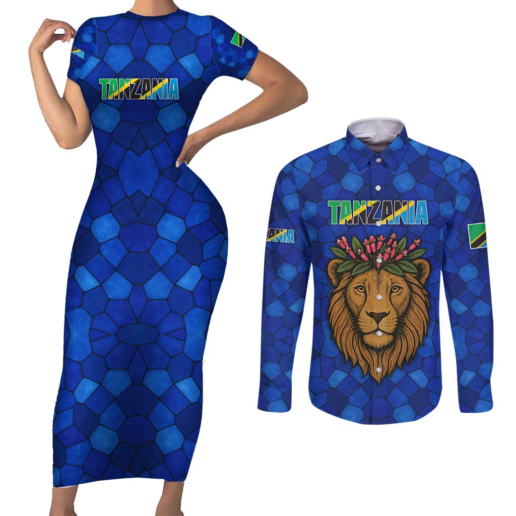 Tanzania Simba Lion Couples Matching Short Sleeve Bodycon Dress and Long Sleeve Button Shirt with Floral Crown and Blue Mosaic Design