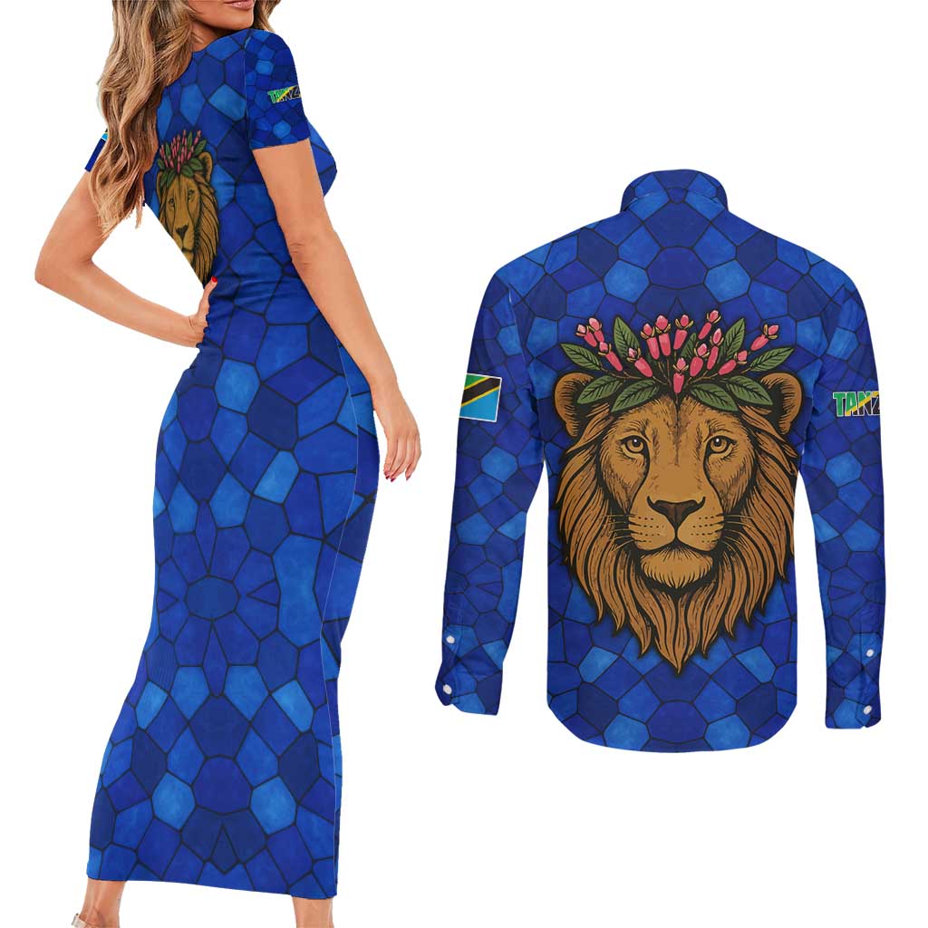 Tanzania Simba Lion Couples Matching Short Sleeve Bodycon Dress and Long Sleeve Button Shirt with Floral Crown and Blue Mosaic Design