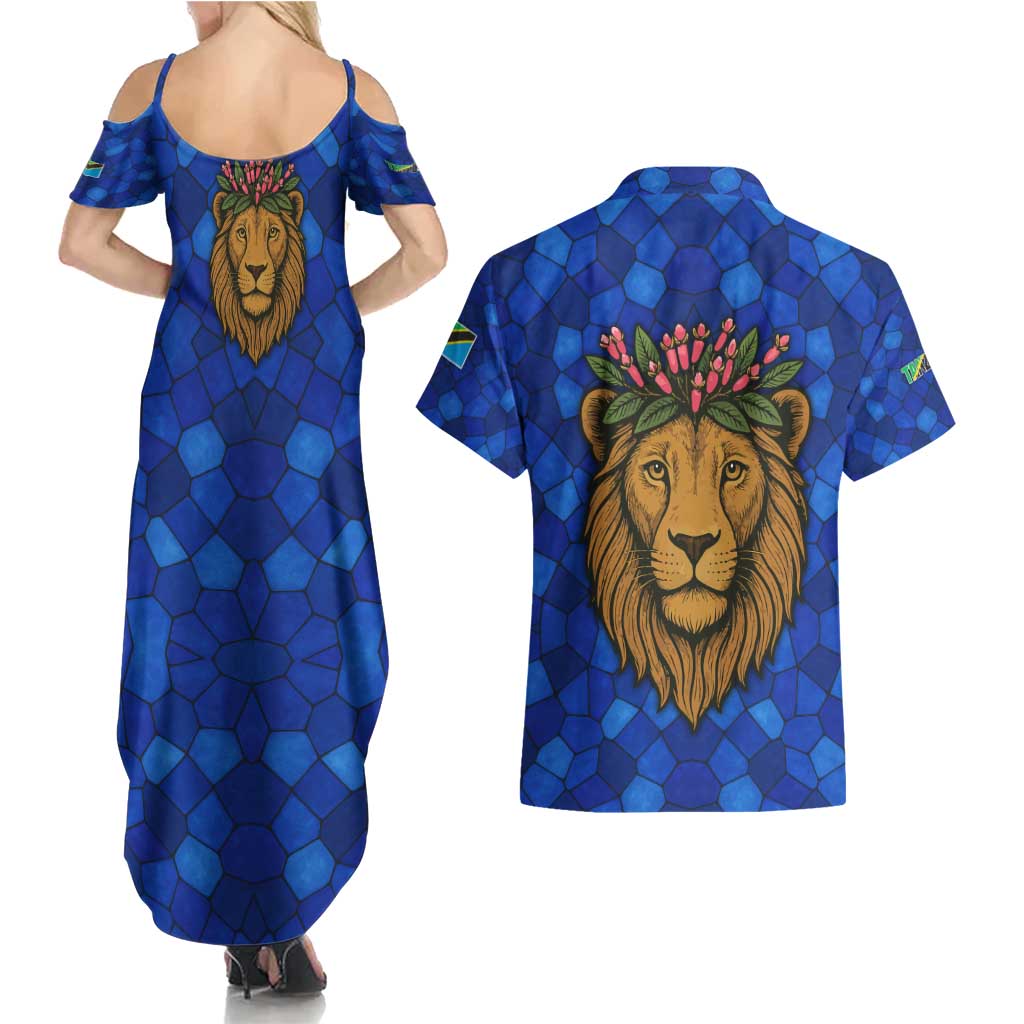 Tanzania Simba Lion Couples Matching Summer Maxi Dress and Hawaiian Shirt with Floral Crown and Blue Mosaic Design