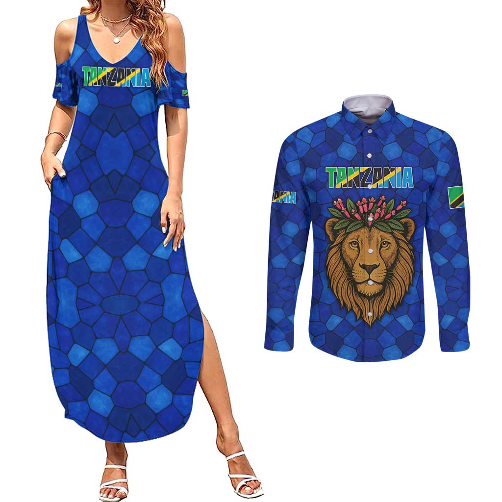 Tanzania Simba Lion Couples Matching Summer Maxi Dress and Long Sleeve Button Shirt with Floral Crown and Blue Mosaic Design