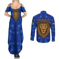 Tanzania Simba Lion Couples Matching Summer Maxi Dress and Long Sleeve Button Shirt with Floral Crown and Blue Mosaic Design