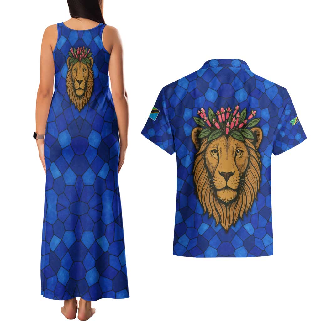 Tanzania Simba Lion Couples Matching Tank Maxi Dress and Hawaiian Shirt with Floral Crown and Blue Mosaic Design