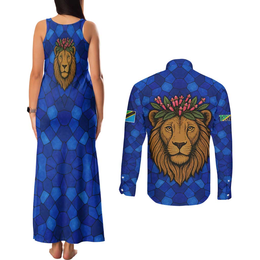 Tanzania Simba Lion Couples Matching Tank Maxi Dress and Long Sleeve Button Shirt with Floral Crown and Blue Mosaic Design