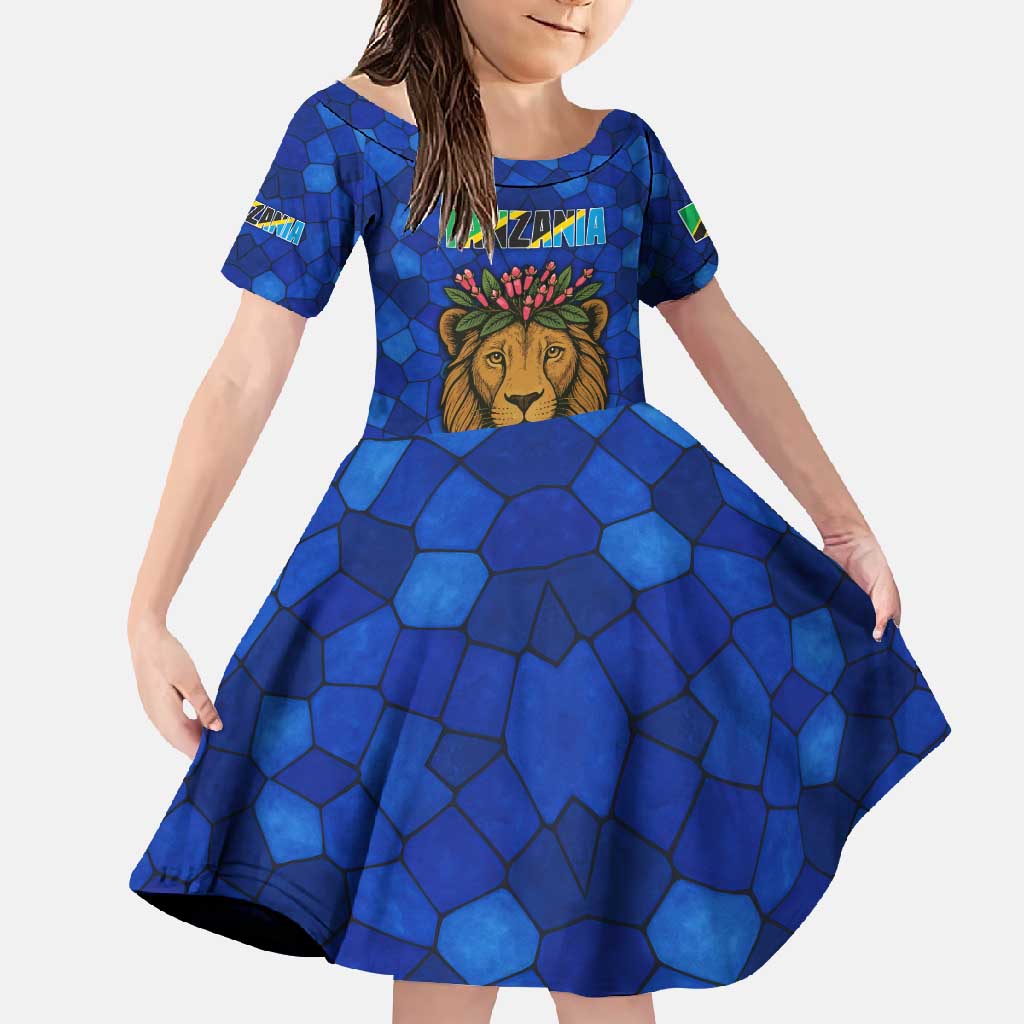 Tanzania Simba Lion Family Matching Long Sleeve Bodycon Dress and Hawaiian Shirt with Floral Crown and Blue Mosaic Design
