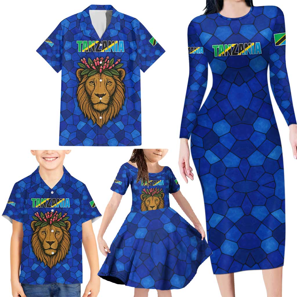 Tanzania Simba Lion Family Matching Long Sleeve Bodycon Dress and Hawaiian Shirt with Floral Crown and Blue Mosaic Design