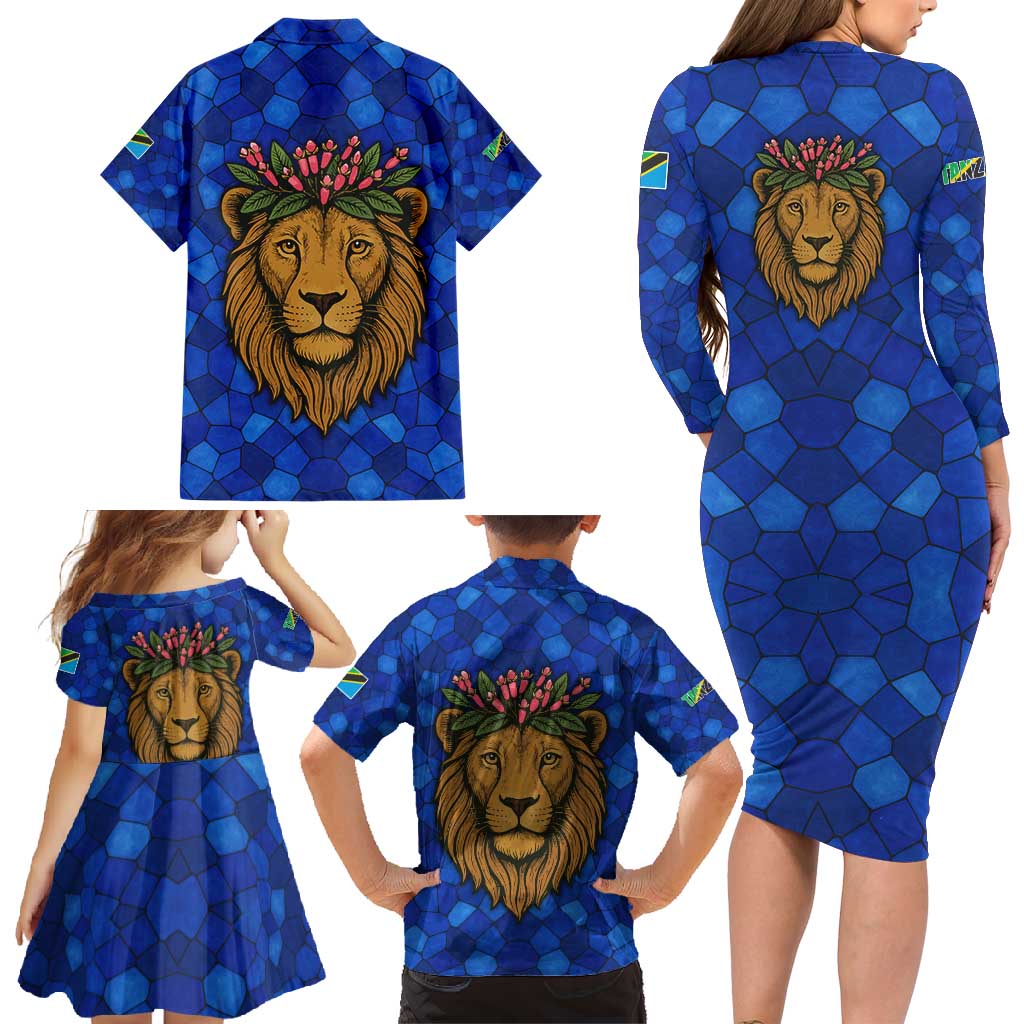 Tanzania Simba Lion Family Matching Long Sleeve Bodycon Dress and Hawaiian Shirt with Floral Crown and Blue Mosaic Design