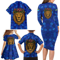 Tanzania Simba Lion Family Matching Long Sleeve Bodycon Dress and Hawaiian Shirt with Floral Crown and Blue Mosaic Design