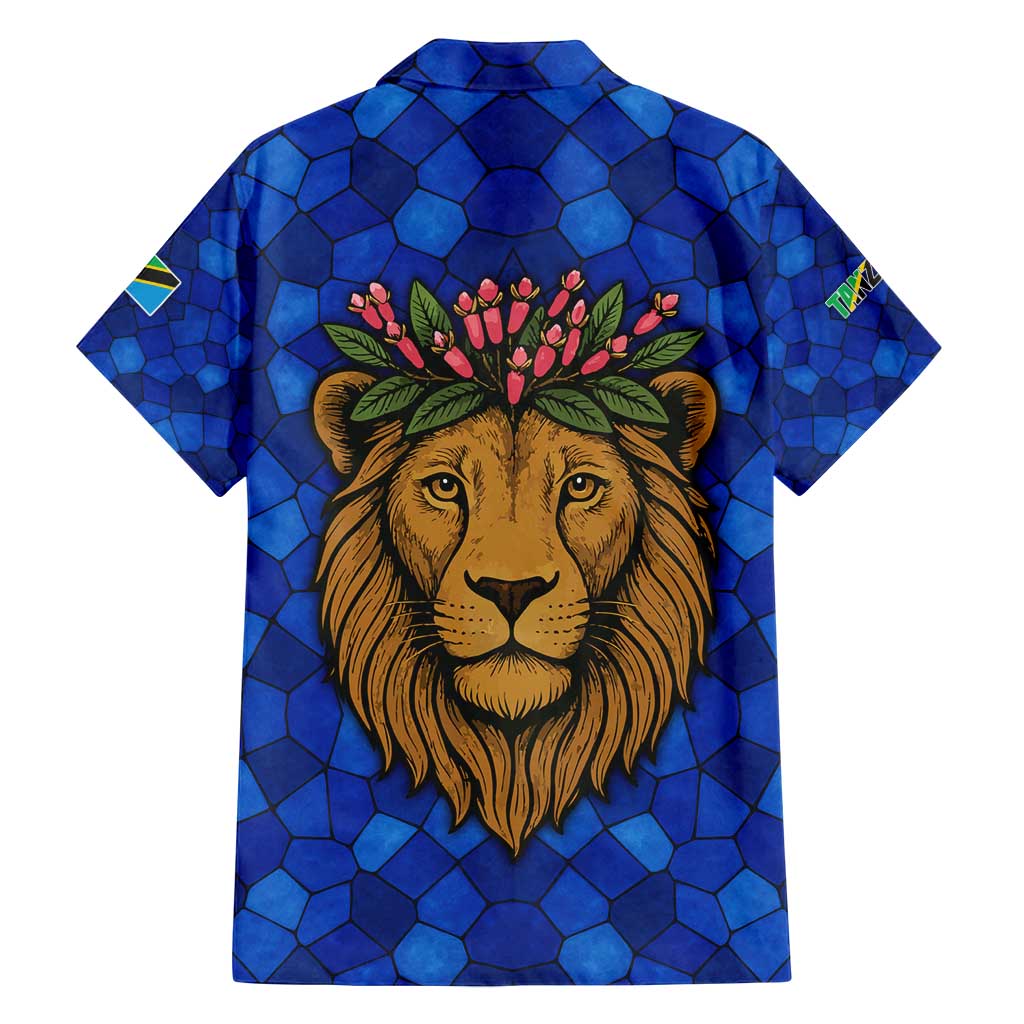 Tanzania Simba Lion Family Matching Long Sleeve Bodycon Dress and Hawaiian Shirt with Floral Crown and Blue Mosaic Design