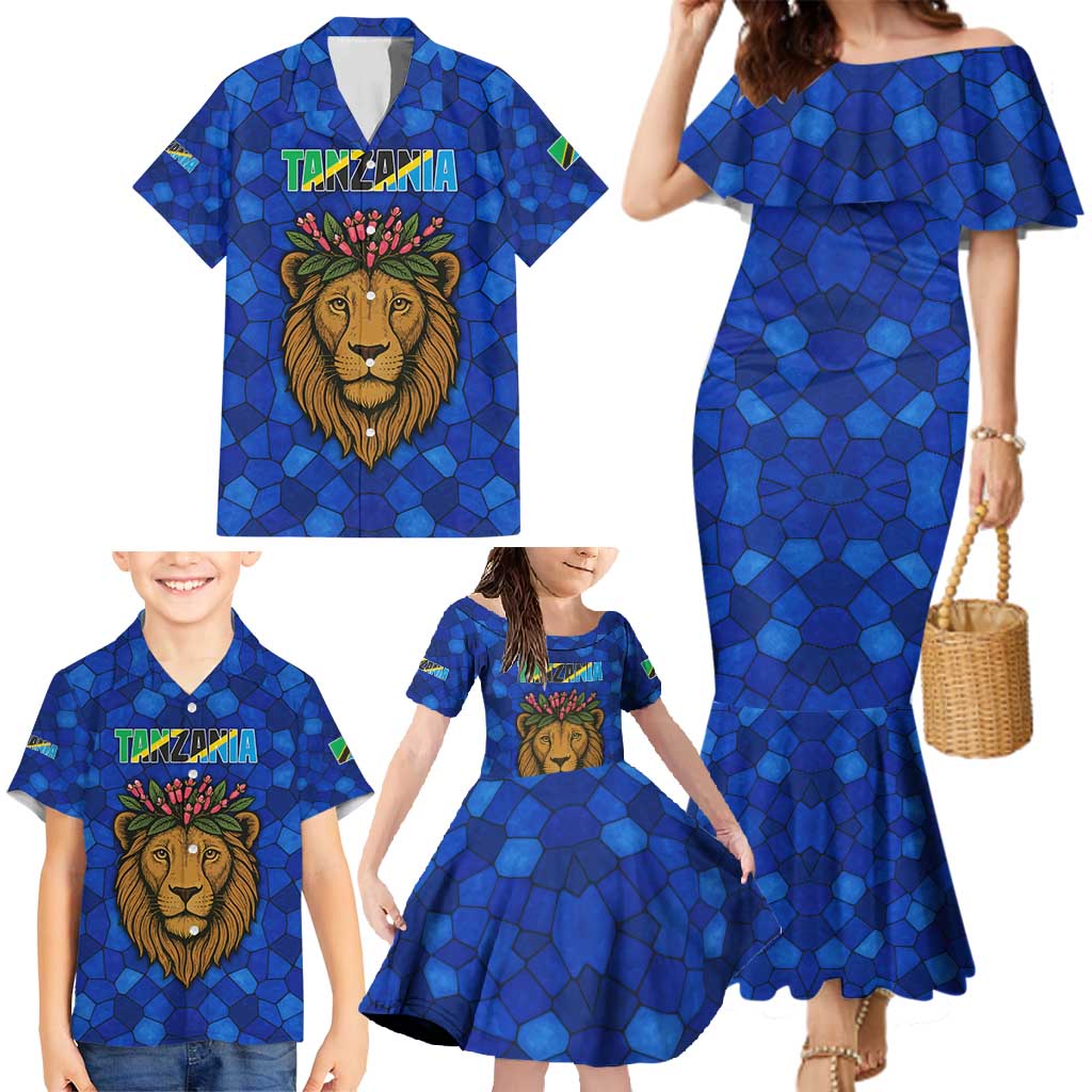 Tanzania Simba Lion Family Matching Mermaid Dress and Hawaiian Shirt with Floral Crown and Blue Mosaic Design