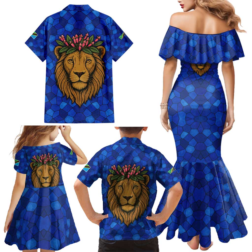 Tanzania Simba Lion Family Matching Mermaid Dress and Hawaiian Shirt with Floral Crown and Blue Mosaic Design