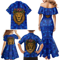Tanzania Simba Lion Family Matching Mermaid Dress and Hawaiian Shirt with Floral Crown and Blue Mosaic Design