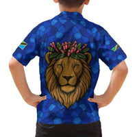 Tanzania Simba Lion Family Matching Off The Shoulder Long Sleeve Dress and Hawaiian Shirt with Floral Crown and Blue Mosaic Design