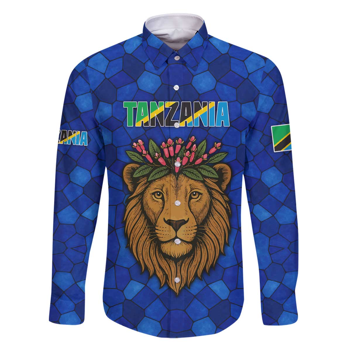 Tanzania Simba Lion Family Matching Off The Shoulder Long Sleeve Dress and Hawaiian Shirt with Floral Crown and Blue Mosaic Design
