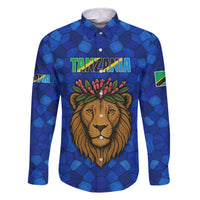 Tanzania Simba Lion Family Matching Off The Shoulder Long Sleeve Dress and Hawaiian Shirt with Floral Crown and Blue Mosaic Design