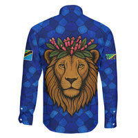 Tanzania Simba Lion Family Matching Off The Shoulder Long Sleeve Dress and Hawaiian Shirt with Floral Crown and Blue Mosaic Design
