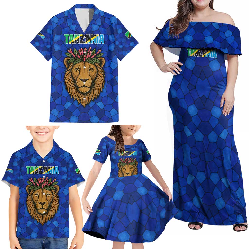 Tanzania Simba Lion Family Matching Off Shoulder Maxi Dress and Hawaiian Shirt with Floral Crown and Blue Mosaic Design