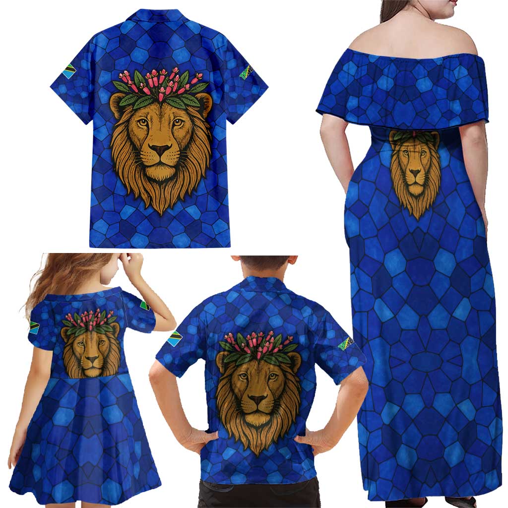 Tanzania Simba Lion Family Matching Off Shoulder Maxi Dress and Hawaiian Shirt with Floral Crown and Blue Mosaic Design